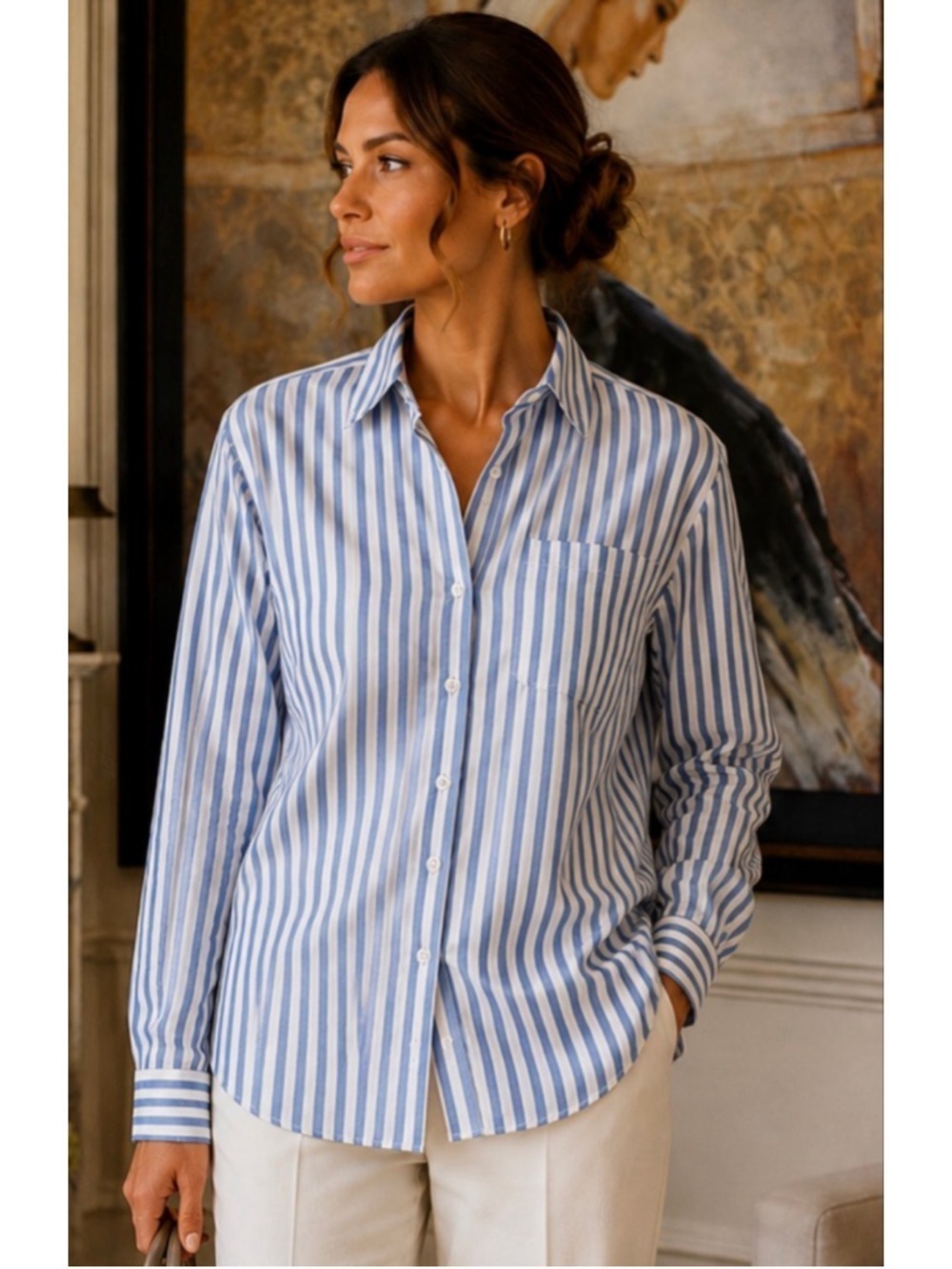New Sézane Blue White Striped Button Down Shirt Size 6/38 - Picture 2 of 4